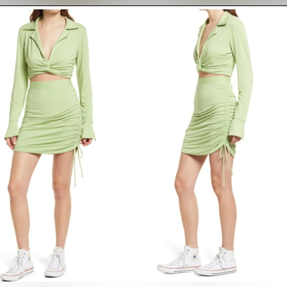 FREE PEOPLE Clara Ruched Long Sleeve Shirt & Skirt Set in La Pera Large NWT - Picture 3 of 16